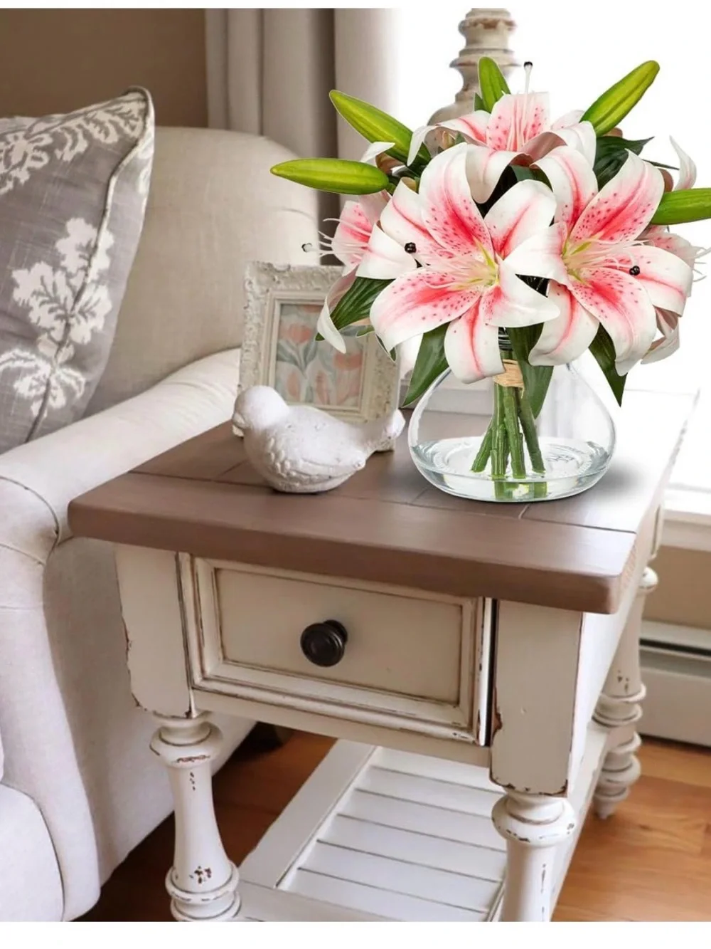 NWT Pink and White Stargazer Lily Arrangement in Glass Vase-Faux Silk Florals